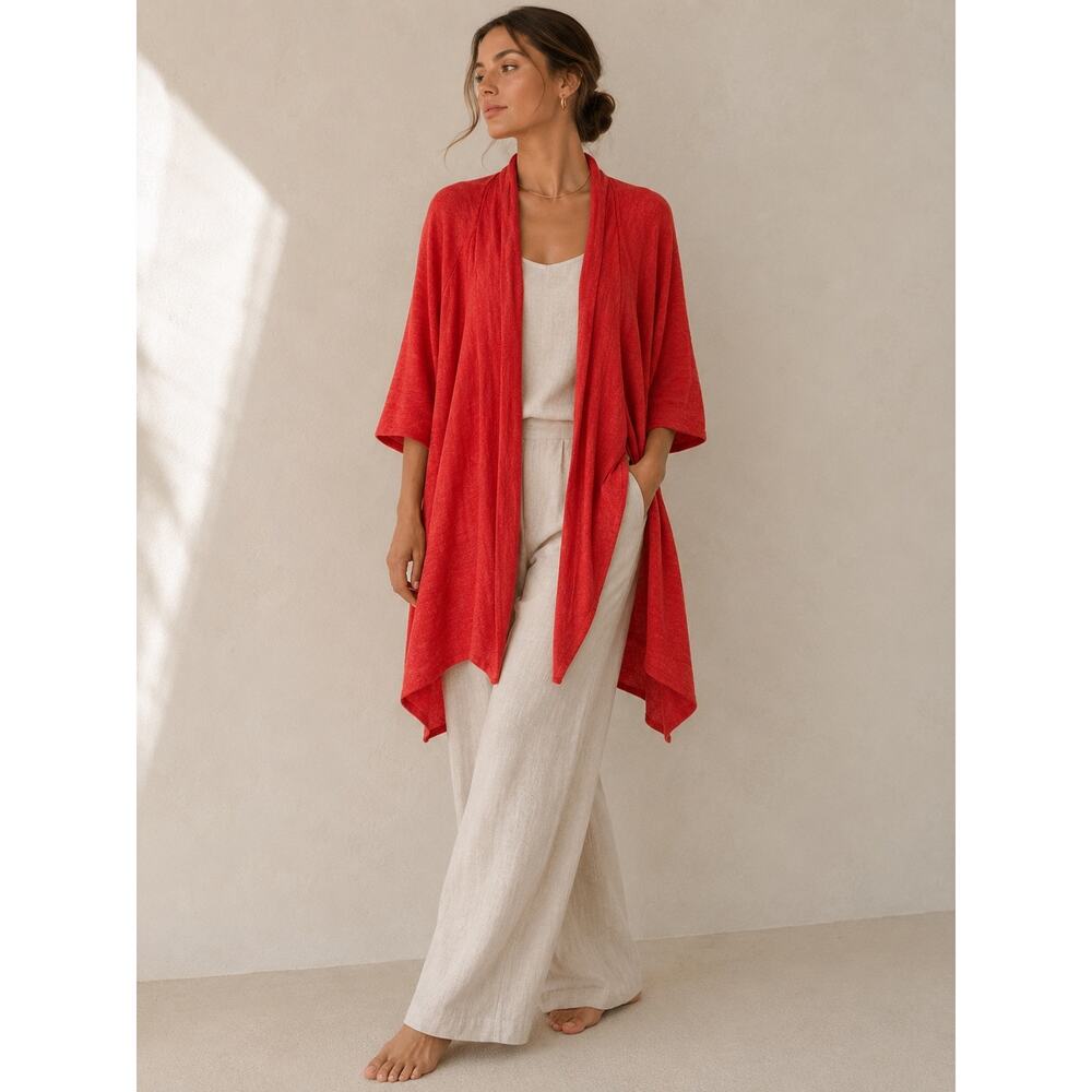 Eileen Fisher Red Linen Blend Open Front Cardigan Lightweight Coastal Grannycore